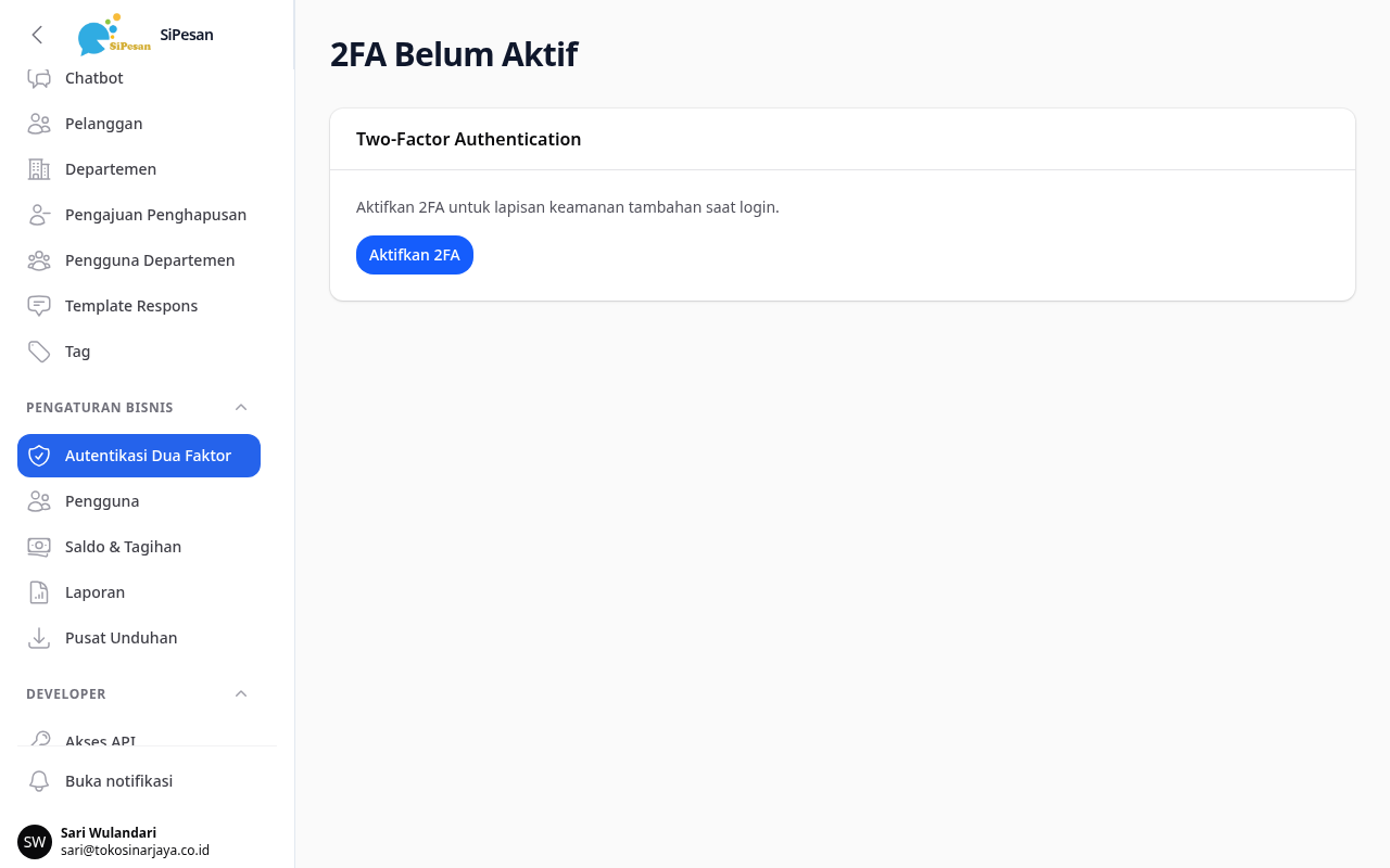 2FA is off page: the Two-Factor Authentication card with the Enable 2FA button