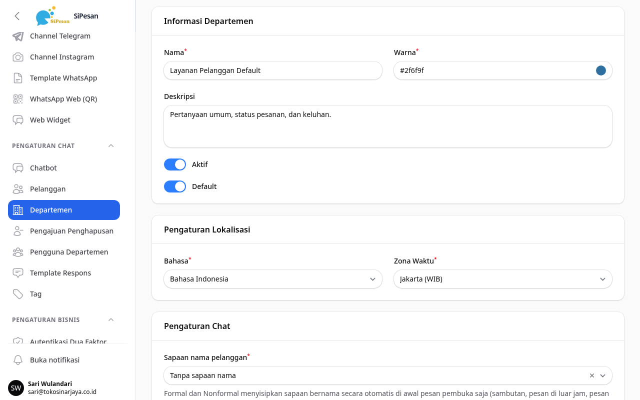 Form departemen: Nama, Warna, Deskripsi, toggle Aktif dan Default yang menyala, lalu Pengaturan Lokalisasi