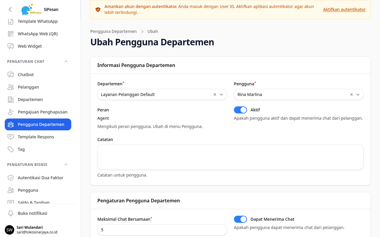 Form Pengguna Departemen: Peran tampil sebagai teks yang mengikuti peran pengguna