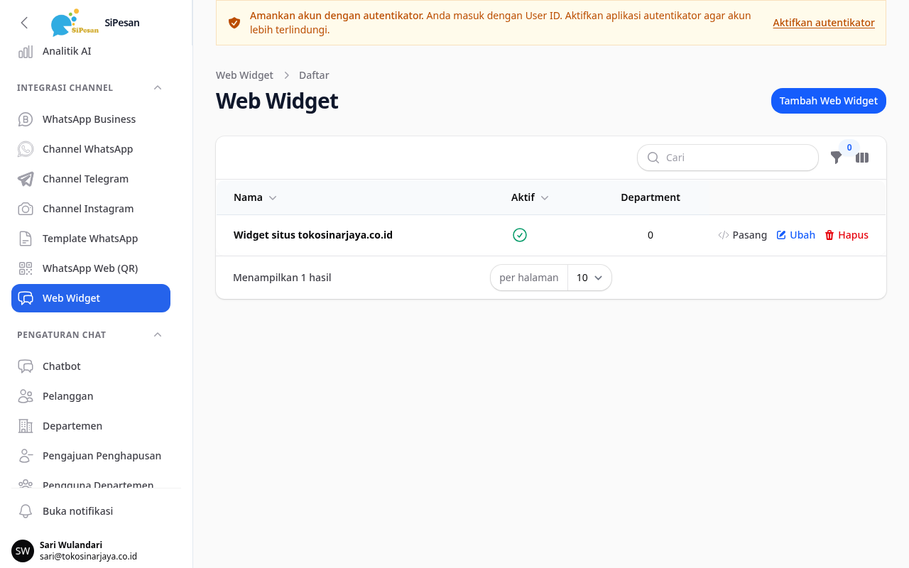 Daftar Web Widget dengan tombol Tambah Web Widget, Pasang, dan Ubah