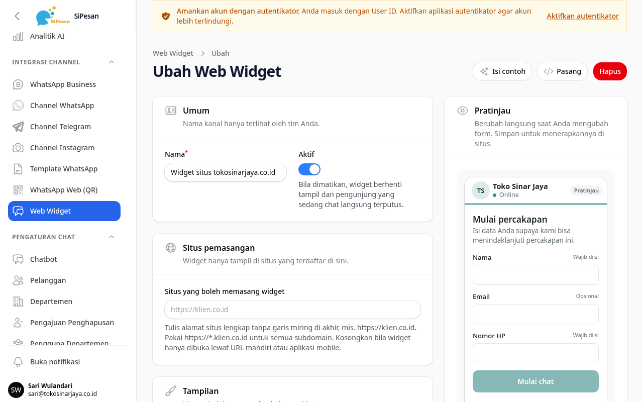 Form Web Widget dengan bagian Umum, Situs pemasangan, dan pratinjau widget di sisi kanan