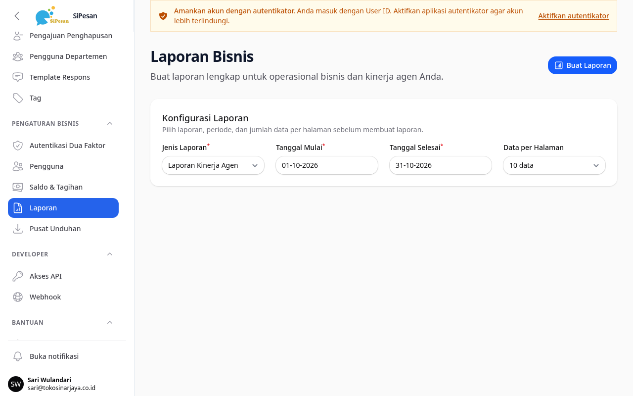 Business Reports page with Report Type, Start Date, End Date, and the Generate Report button