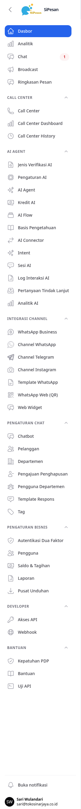 Full side menu: the main menus, then the Call Center, AI Agent, Channel Integration, Chat Settings, Business Settings, Developers, and Help groups