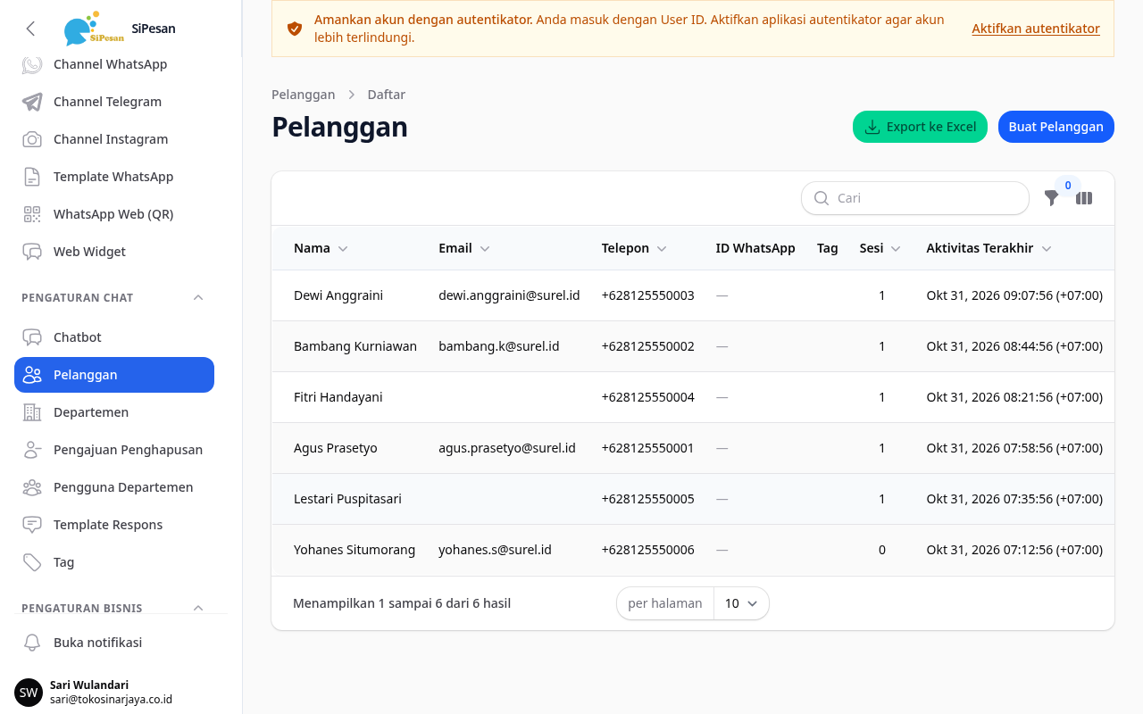 Daftar pelanggan dengan kolom pencarian, tombol Export ke Excel, dan Buat Pelanggan