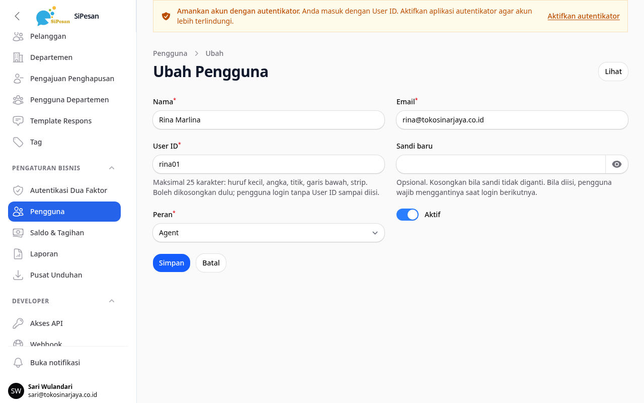 Form Ubah Pengguna dengan isian Peran di bawah User ID