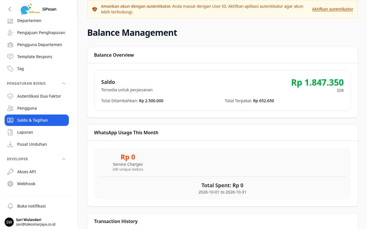 Halaman Balance Management: kartu Saldo di bagian Balance Overview dengan Total Ditambahkan dan Total Terpakai, di bawahnya bagian WhatsApp Usage This Month