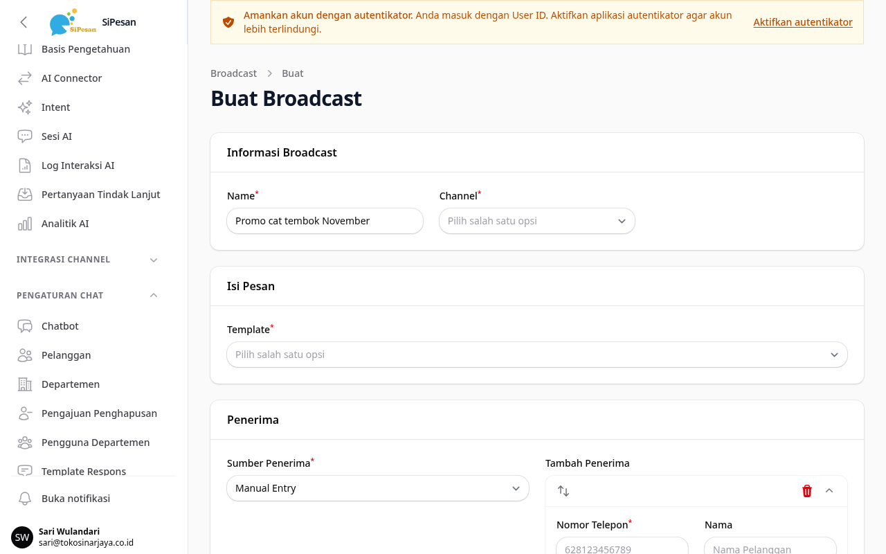 Form Buat Broadcast dengan bagian Informasi Broadcast, Isi Pesan, dan Penerima